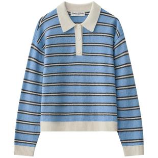 MOP25秋季新品条纹V领撞色POLO领羊驼毛绵羊毛混纺针织套头衫女士