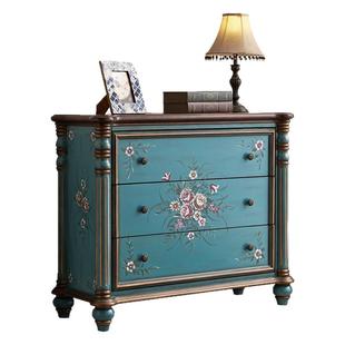 美式实木斗柜收纳柜彩绘储物柜边柜高低柜组合柜复彩绘古欧式斗柜