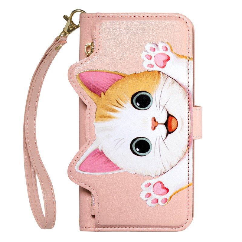 卡通猫咪翻盖斜挎钱包手机壳
