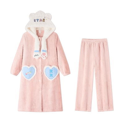 BE珊瑚绒睡袍套装连帽爱心冬女