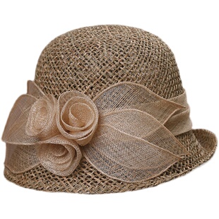 帽子女士春夏优雅复古花朵麻纱帽子时尚镂空透气渔夫帽防晒遮阳帽