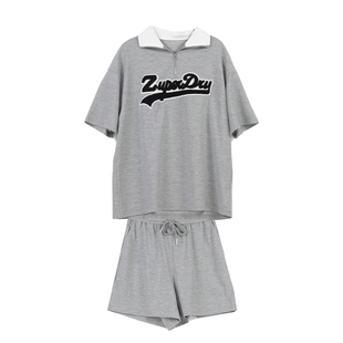 NEELLY纳俪美式复古宽松上衣女翻领设计感卫衣松紧腰休闲短裤套装