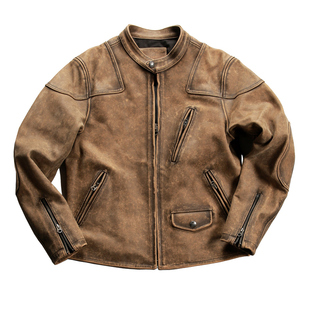 1.6mm厚重毒液牛皮夹克立领短款皮衣男士机车服美式做旧真皮外套