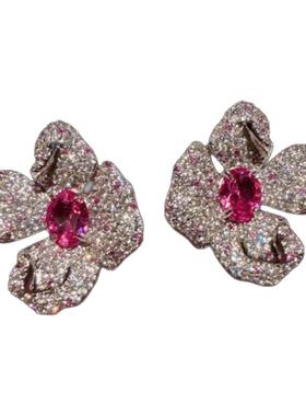 珠宝 鸢尾花胭脂红宝石项链 重磅高定晚宴 繁花锆石耳环 套装