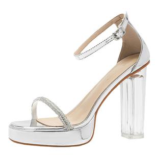 水钻一字带凉鞋女夏外穿2025年新款透明高跟鞋水晶粗跟防水台厚底