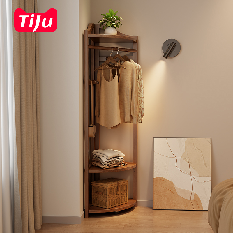 梯菊实木转角衣帽架落地卧室挂衣架简易置物架家用拐角挂衣服架子