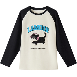 URLAZH有兰2025冬季新款萌趣U等等插肩袖圆领宽松拼色长袖T恤女