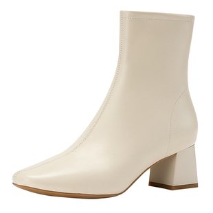 Rosa Bianca轻奢羊皮粗跟时装靴女冬季新款显瘦短筒靴百搭瘦瘦靴