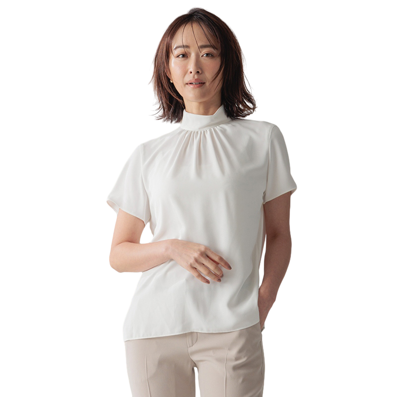 BEIGE， EVA 简约气质日系高领短袖衬衫衬衣女日系轻奢onward
