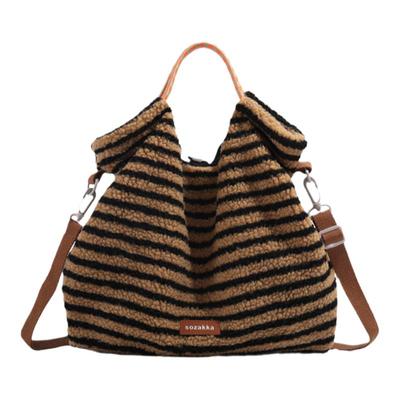 ITSOUMEI通勤托特包女冬天复古条纹羊羔毛大容量手拎包毛绒斜挎包