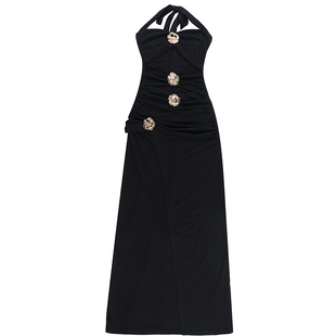 instahot 玫瑰金属扣挂脖黑色礼服裙女轻奢宴会气质显身材晚礼服