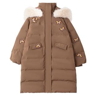 KEIKO 蝴蝶绣花棕色排骨棉服棉袄冬季可卸帽大毛领加厚面包服外套
