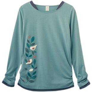 春上新 日系千家新款女士长袖印花T恤宽松打底衫通勤女装绿色T073