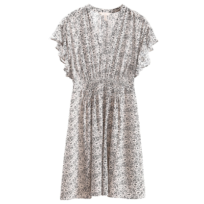 优雅桑蚕丝碎花V领连衣裙夏收腰