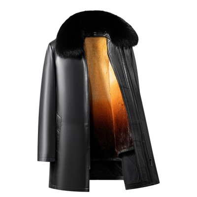 中长款毛领黄金貂内胆头层皮衣男