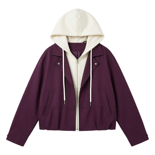 拉夏贝尔洋气连帽拼接单排扣短款外套女2025秋季新款时尚显瘦上衣