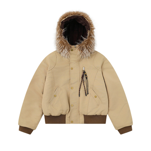 BNMGIN冬款夹棉加厚保暖棉服女带毛领连帽复古短款宽松工装厚外套