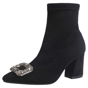 法式粗跟高跟短靴女秋冬水钻方扣弹力瘦瘦靴绒面气质尖头时装靴