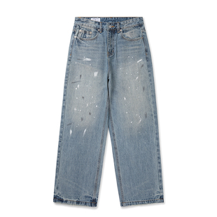 VMCL泼墨印花 复古做旧水洗蓝宽松牛仔裤长裤男秋24AW vermicelli