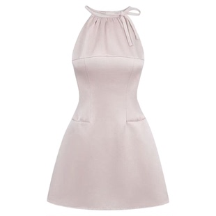 法式高级粉色缎面光泽感挂脖连衣裙女夏季蝴蝶结收腰A字无袖短裙