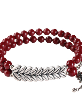 足银麦穗双圈朱砂好运手串