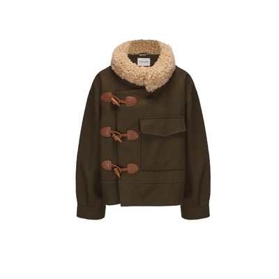 IF BY LAND设计师品牌LOOKNOW秋新军绿牛角扣毛领短大衣女