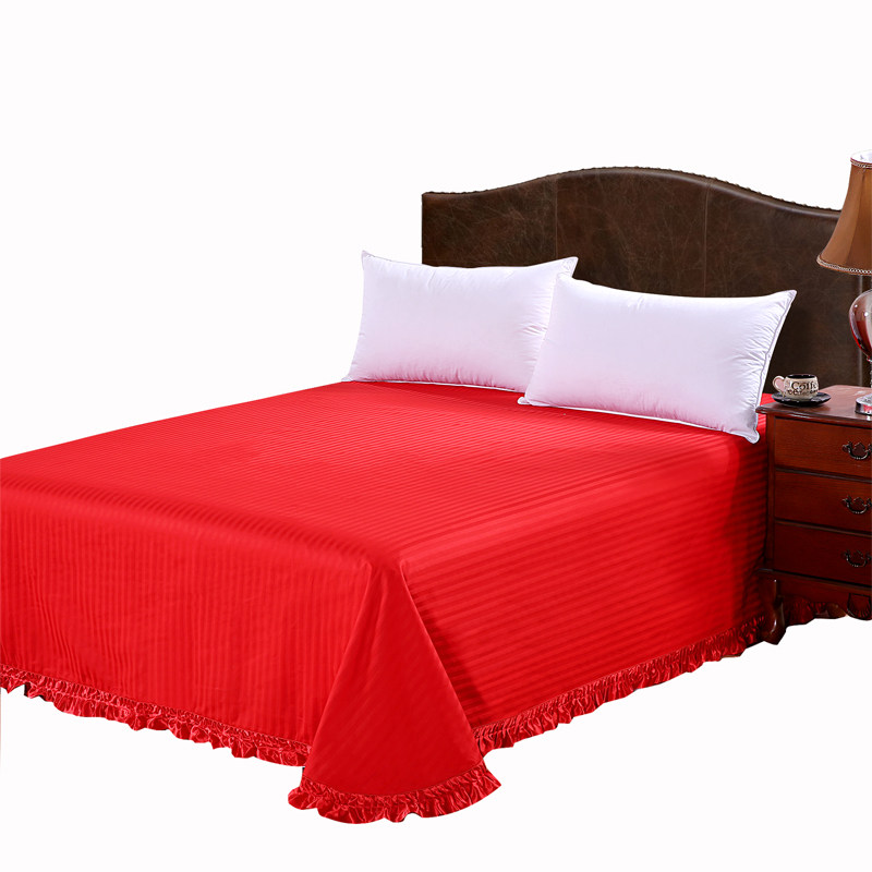 婚庆大红纯棉床单 100%全棉圆角裙边床单 结婚贡缎缎条单件被单