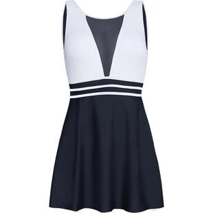 BE范德安时尚小黑裙深V网纱拼接连体裙式女泳衣防晒抗氯度假泳装