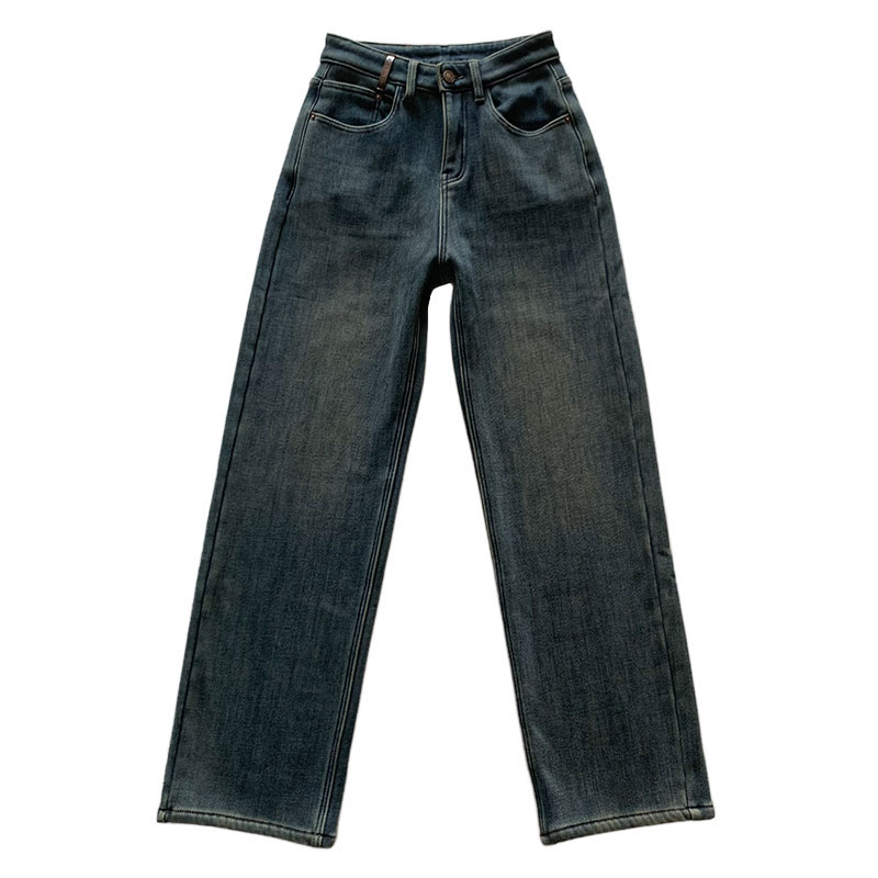 一条过冬CH保暖！复古蓝加厚绒直筒牛仔裤女高腰显瘦阔腿拖地长裤