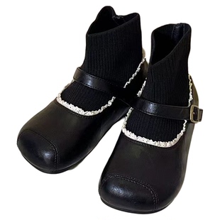 2025年新款魔术贴玛丽珍短靴女童冬季百搭复古花边装饰小皮靴袜靴