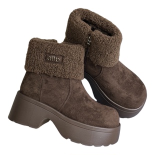 25冬季新款加绒保暖增高厚底雪地靴时尚毛口复古松糕底小个子棉鞋