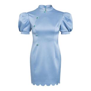 MaisonWester夏季蓝立领蓬袖连衣裙小清新中式短裙女可露丽穿搭