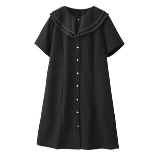 大码女装双层领明线短袖连衣裙胖mm显瘦遮肉时尚A字裙中长款裙子