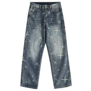男士印花牛仔裤宽松直筒裤子复古2026春季新款潮牌高端痞帅长裤子