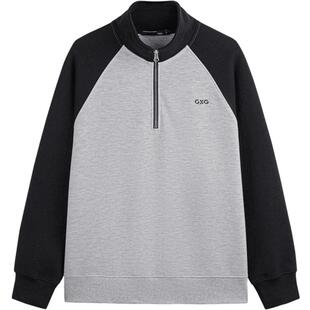 GXG男装 麻灰色华夫格肌理休闲拼接立领卫衣男士上衣24年春季品