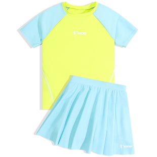 乔丹2026儿童泳衣女童分体短袖防晒泳装绿色撞色运动风沙滩套装