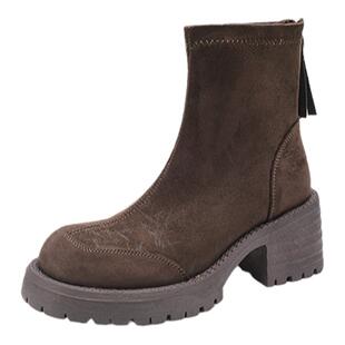 厚底马丁靴女款2025新款秋冬绒面翻毛皮粗跟弹力瘦瘦靴休闲短靴子