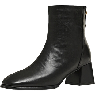 天美意复古方头粗跟加绒时装靴短靴女鞋子高跟鞋皮靴2025冬季新款