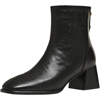 天美意复古方头粗跟加绒时装靴短靴女鞋子高跟鞋皮靴2025冬季新款