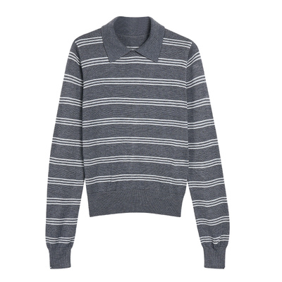 条纹polo衫长袖T恤女复古上衣