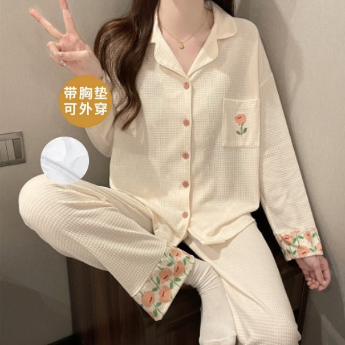 可外穿春秋季睡衣女带胸垫棉质长袖长裤可爱宿舍家居服学生套装薄