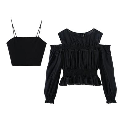 普普风露肩上衣两件套