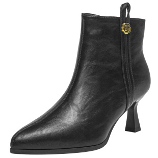 大东女鞋时装靴2025冬季新款优雅尖头细跟通勤女短靴侧拉链工作鞋