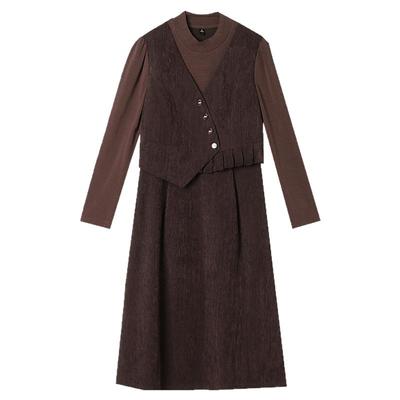 假两件中长裙长袖连衣裙