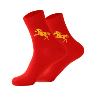 本命年大红袜子马年红袜福字袜结婚男女情侣棉袜中筒秋冬款老年人