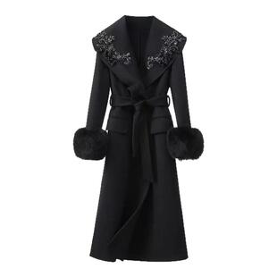 2025秋冬重工水钻钉珠大翻领长款大衣外套可拆卸袖子毛