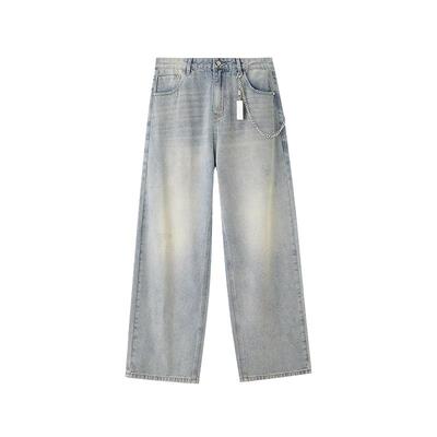 三福2026夏季牛仔裤装饰链条猫须洗水街头直筒长裤裤子男520900