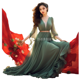 2026新款连衣裙夏季清新绿色长款雪纺裙子名媛气质海边度假沙滩裙