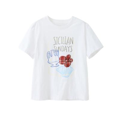 popchrio红色小花贴布绣印花T恤