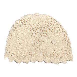 手工编织花朵镂空包头帽子女显脸小春夏季时尚透气针织毛线帽薄款